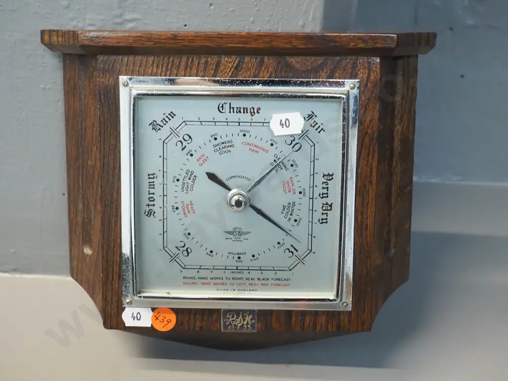 deco oak-cased Smiths 'SB' wall barometer with 1953 presentation plaque H-190 W-220 Image 1++
