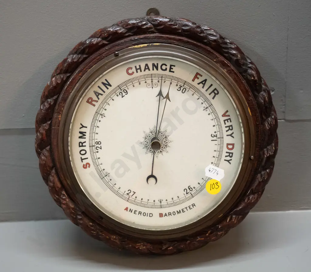 vintage round wall barometer in carved oak case, no maker's marks D-230 Image 1++