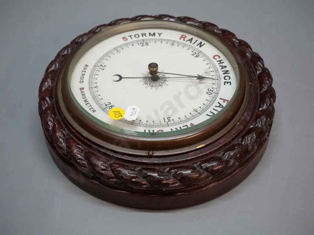 vintage round wall barometer in carved oak case, no maker's marks D-230 Image 1++