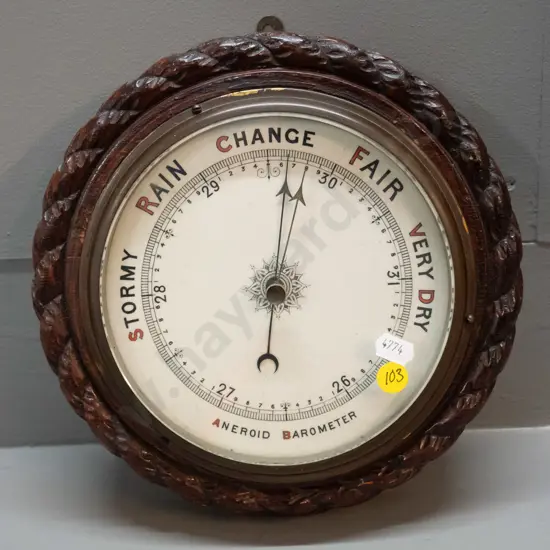 vintage round wall barometer in carved oak case, no maker's marks D-230