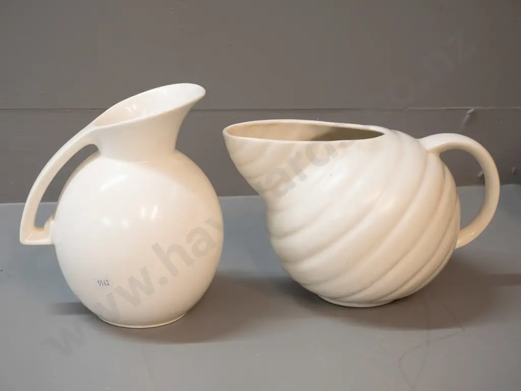 2 retro English white glaze jugs - Falcon ware H-185 and striped Crown Devon Image 1++