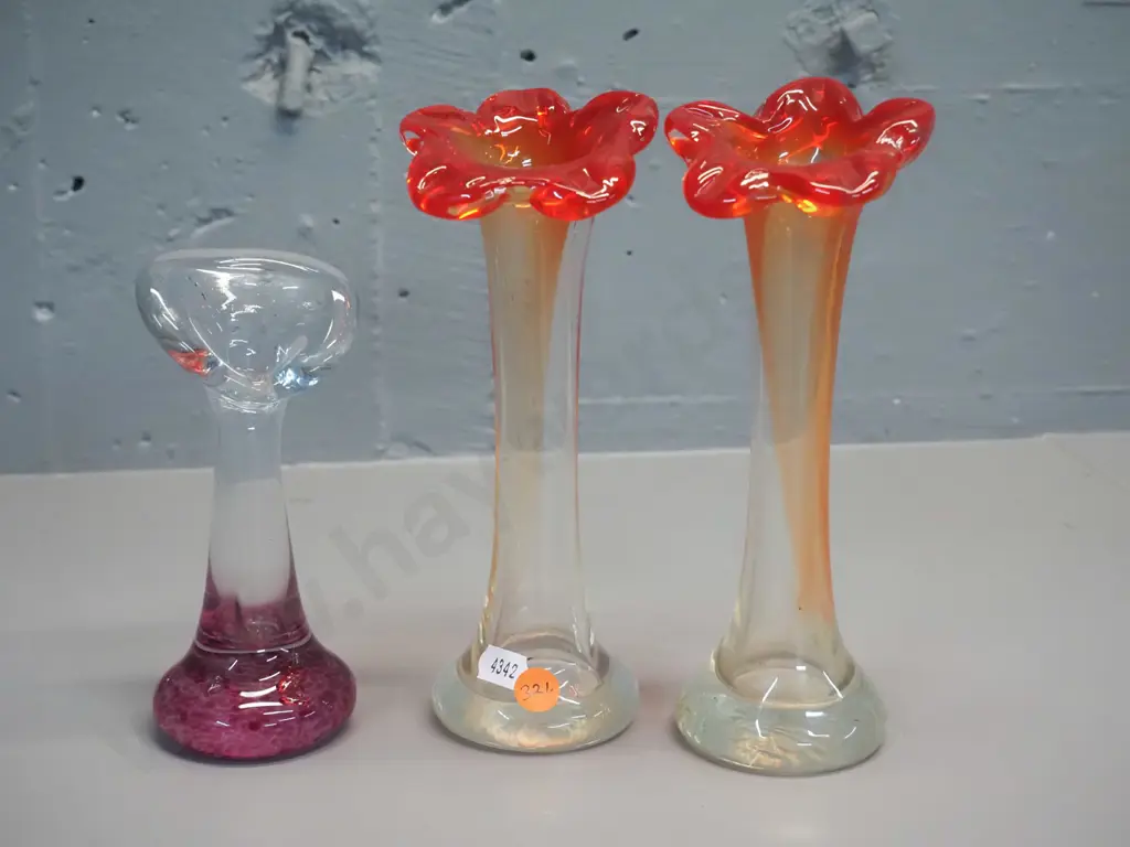3 art glass jack in the pulpit vases - pair clear and orange H-205 and one smaller with purple base Image 1++