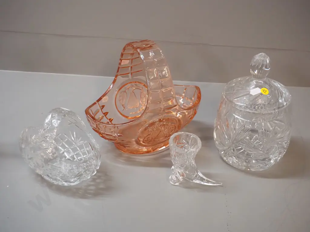 melon colour depression glass basket H-210 W-230, heavy (Edinburgh?) crystal lidded pot, cut crystal basket and a small Image 1++