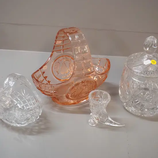 melon colour depression glass basket H-210 W-230, heavy (Edinburgh?) crystal lidded pot, cut crystal basket and a small