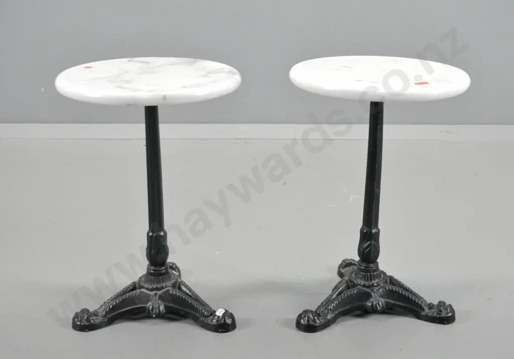 pair of small side tables with black painted cast iron bases, white marble tops H-430 D-300 Image 1++