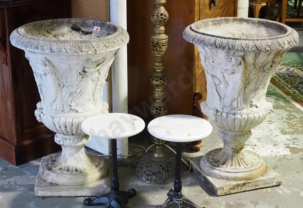 pair of classical style concrete garden urns on fluted base with cavorting maidens in relief H-830 Diam-580 Image 1++