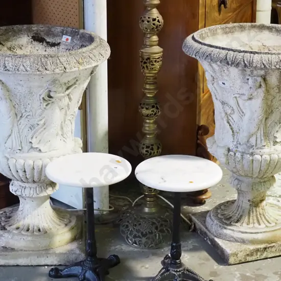 pair of classical style concrete garden urns on fluted base with cavorting maidens in relief H-830 Diam-580