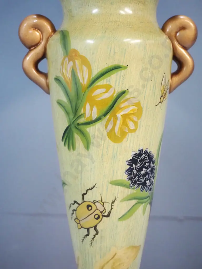 hand-painted butterfly motif porcelain lamp on timber base with fabric shade H-780 D-430 Image 1++
