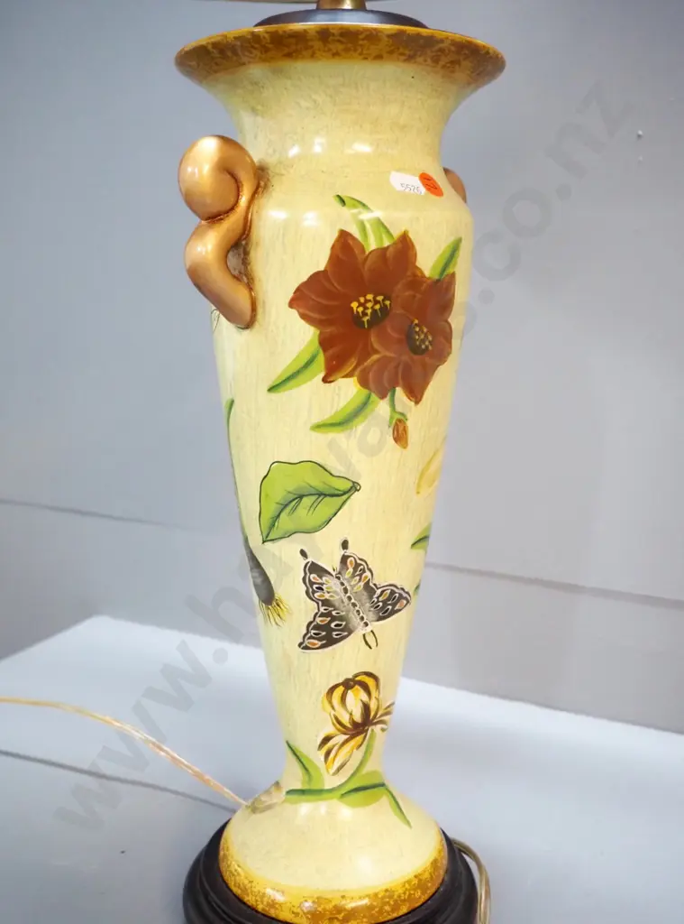 hand-painted butterfly motif porcelain lamp on timber base with fabric shade H-780 D-430 Image 1++