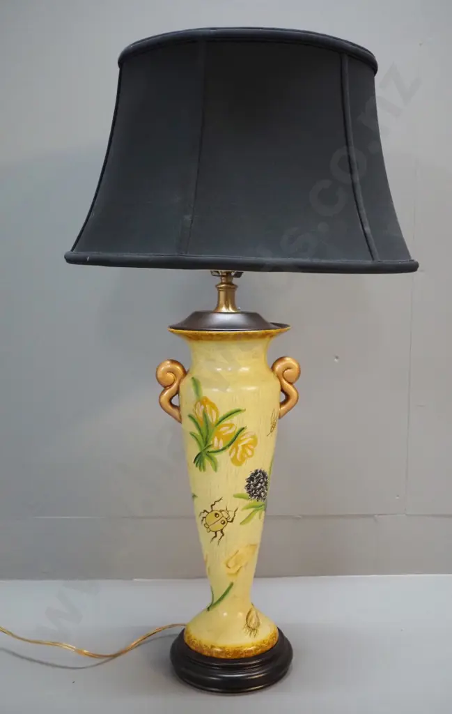 hand-painted butterfly motif porcelain lamp on timber base with fabric shade H-780 D-430 Image 1++
