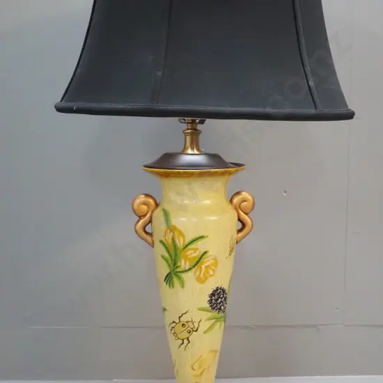 hand-painted butterfly motif porcelain lamp on timber base with fabric shade H-780 D-430