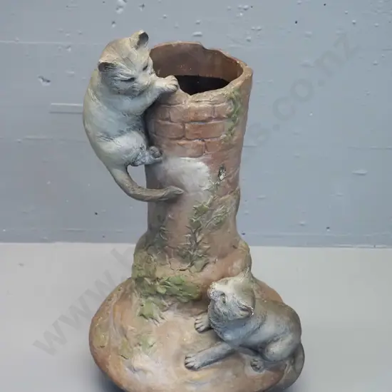 large Czech terracotta / pottery relief pattern vase with 2 cats - stamped 17C5 H-430 D-220