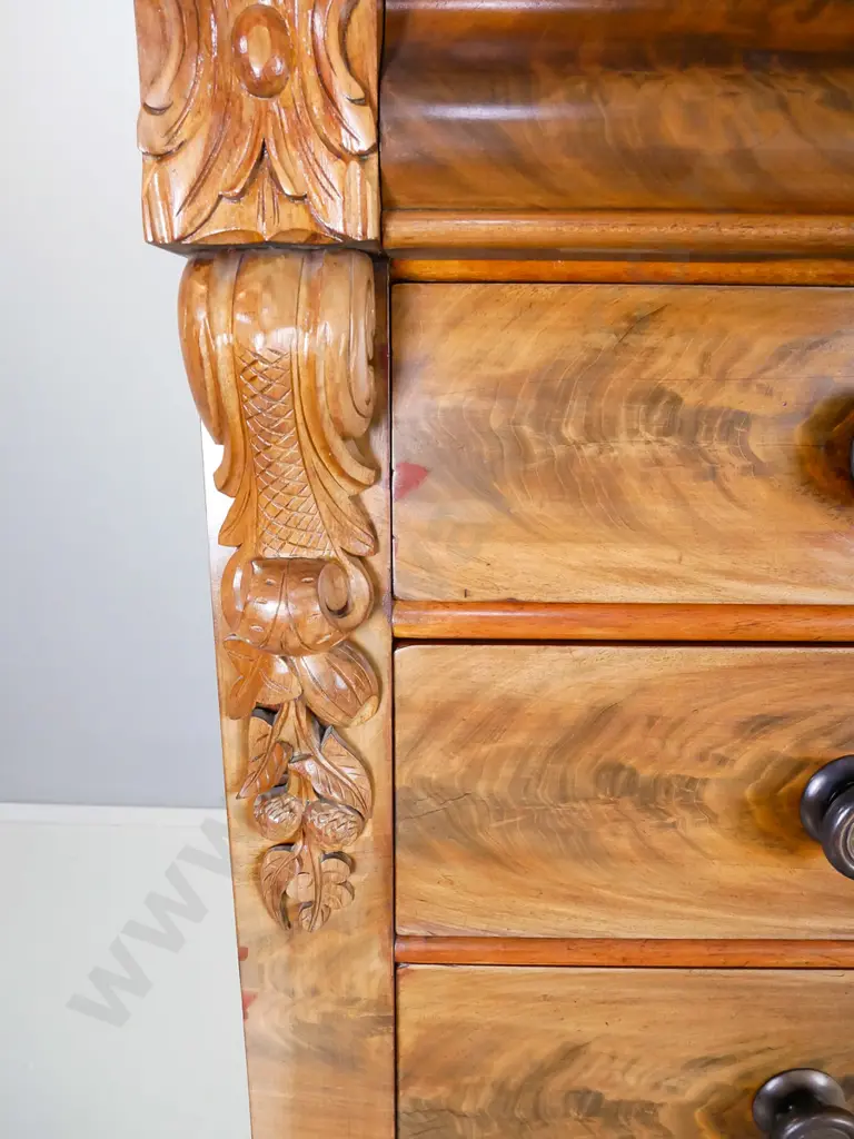 full sized mahogany chest of drawers having flame mahogany drawer fronts with ebonised knobs Image 1++
