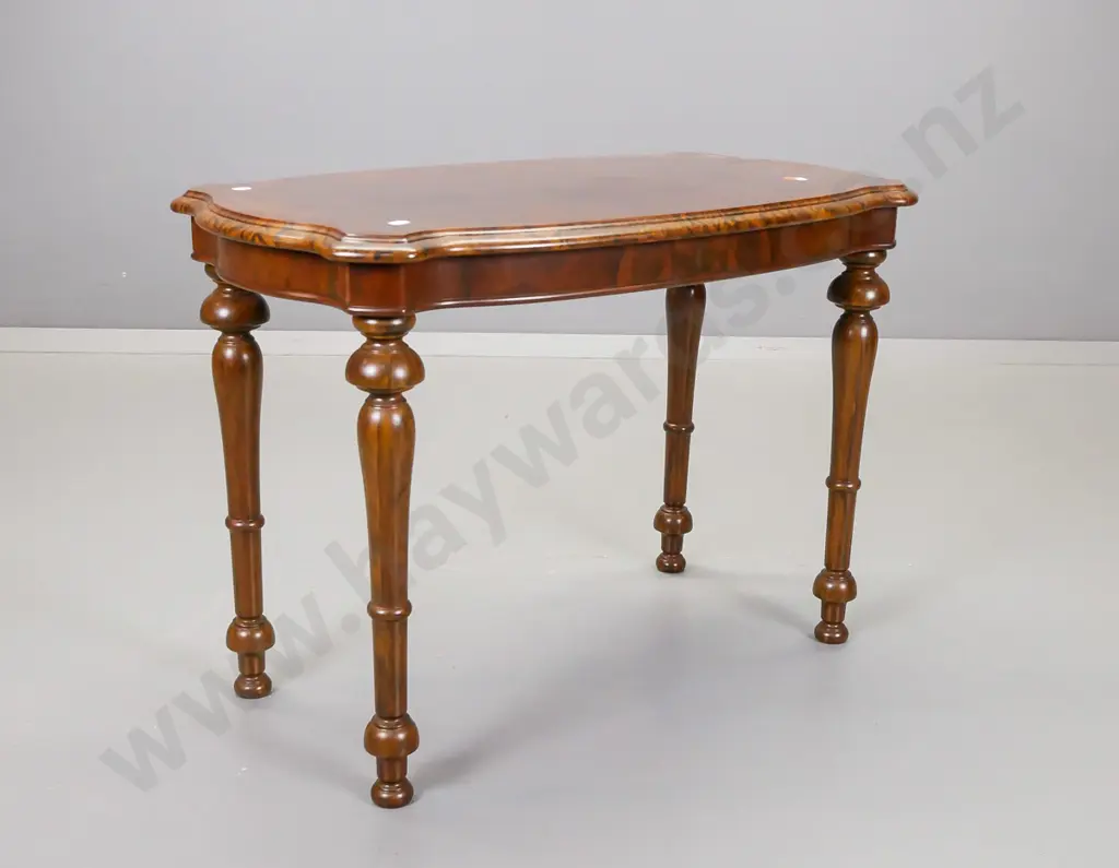 reproduction walnut, shaped top side table on wooden-threaded screw-on turned legs Image 1++
