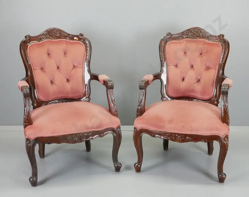 pair of reproduction mahogany carved-frame occasional chairs in pink velvet w/ deep button backs H980 W640 D540 Image 1++