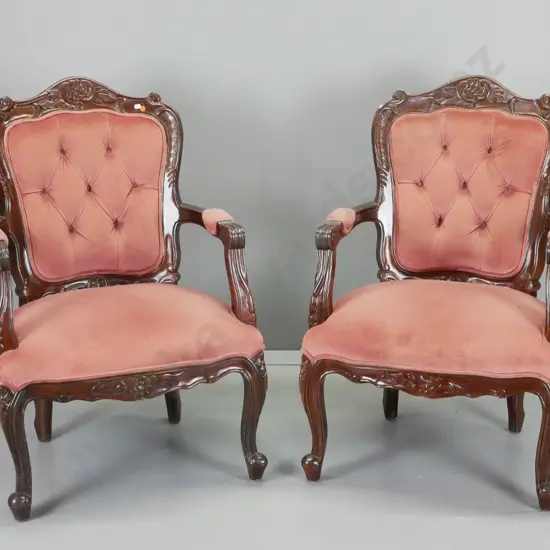 pair of reproduction mahogany carved-frame occasional chairs in pink velvet w/ deep button backs H980 W640 D540