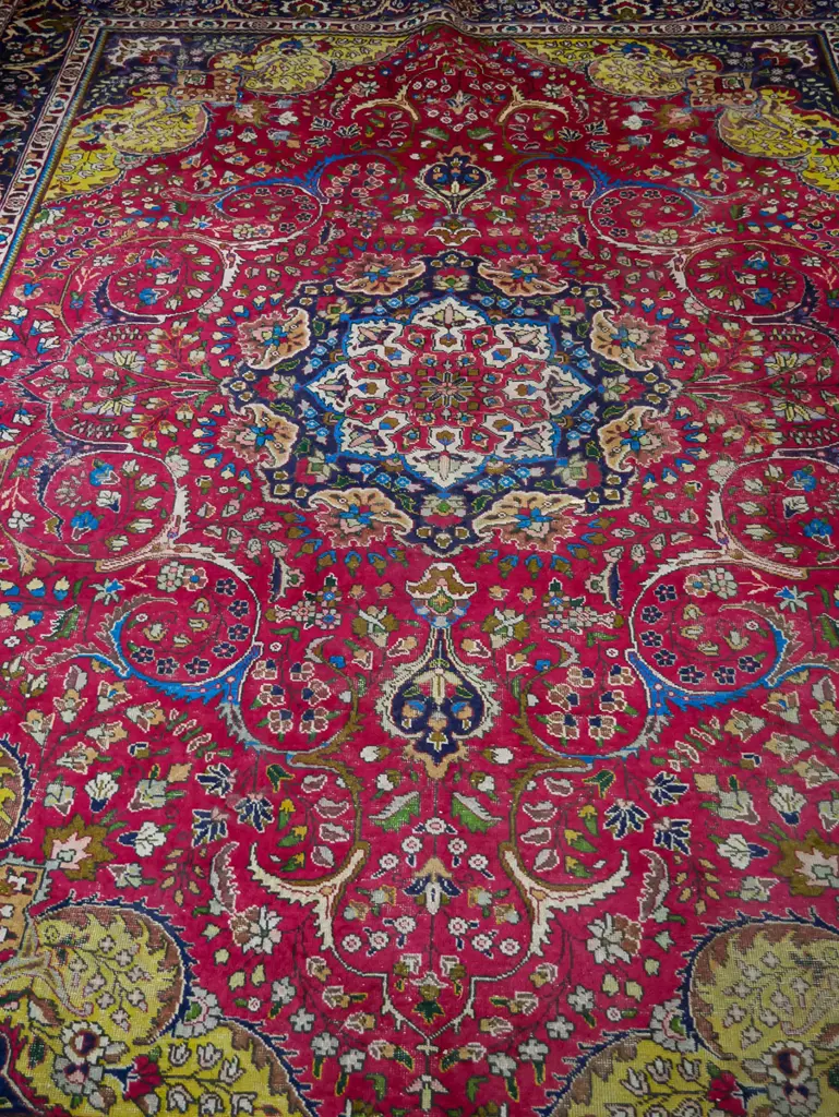 large carpet square, foliate and floral in reds blues and yellows, some wear, 3980x2950 Image 1++
