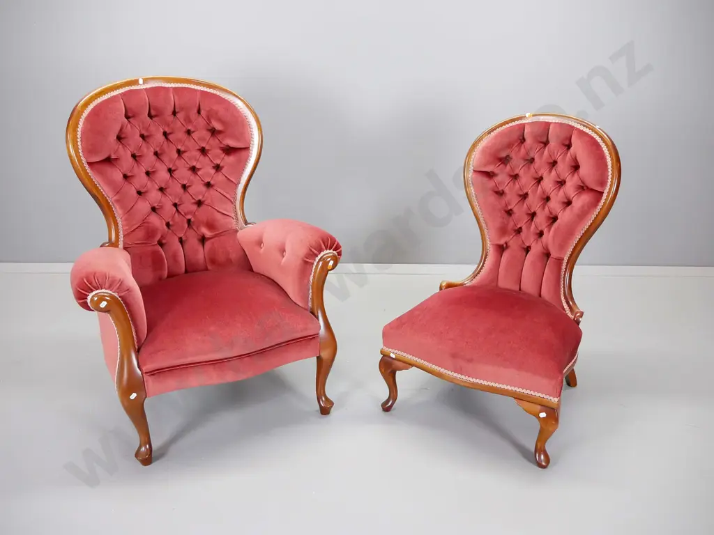 pair of reproduction mahogany ladies and gents chairs with deep buttoned pink draylon upholstery Image 1++