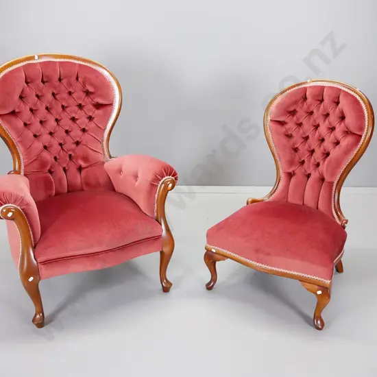 pair of reproduction mahogany ladies and gents chairs with deep buttoned pink draylon upholstery