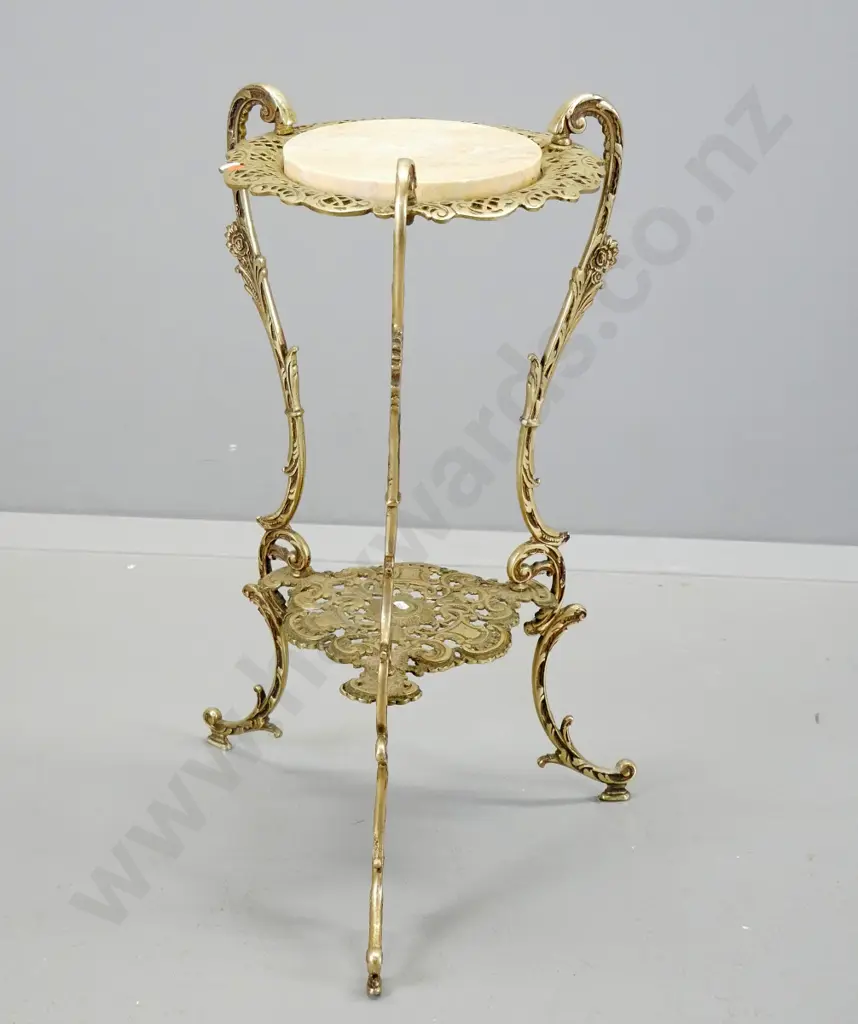 filigree pattern cast brass 2-tier plant stand with marble insert top - minor chips to marble. H-750 W-530 at base Image 1++