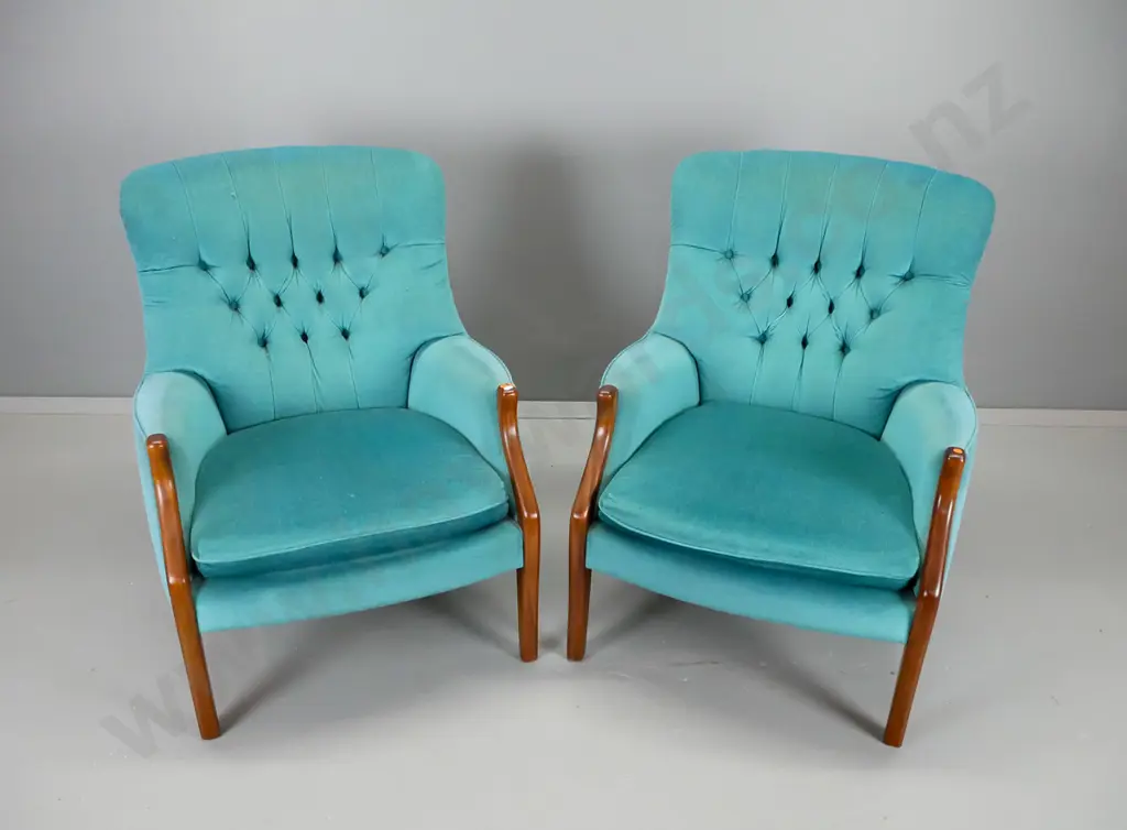 pair of retro Parker teal deep-buttoned chairs in mahogany, excellent condition H- 860, W- 670, D- 700 Image 1++