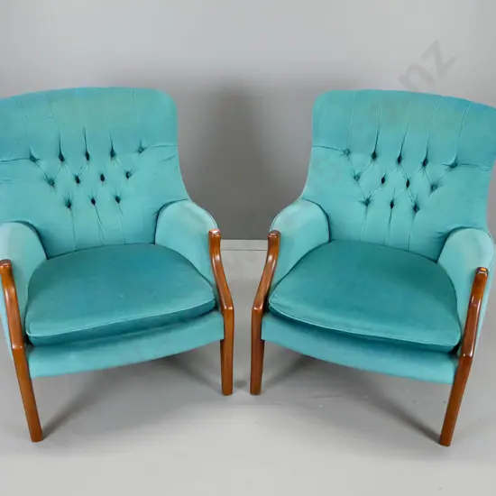 pair of retro Parker teal deep-buttoned chairs in mahogany, excellent condition H- 860, W- 670, D- 700