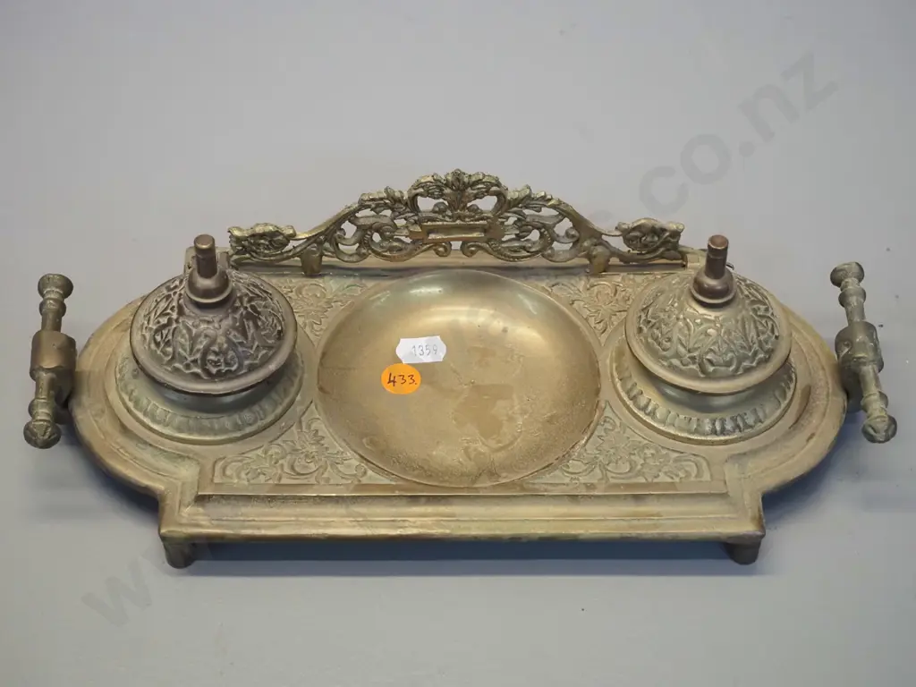 vintage brass ink-stand with 2 lidded inkwells, no bottles or inserts H-100 W-300 Image 1++