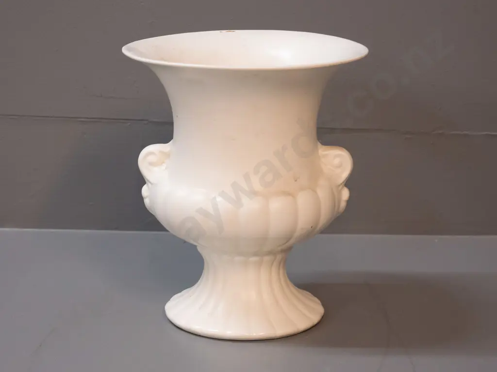 Crown Lynn white glaze urn vase w/metal 'frog' H-200 D-170 at rim Image 1++
