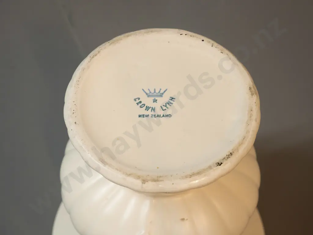 Crown Lynn white glaze urn vase w/metal 'frog' H-200 D-170 at rim Image 1++