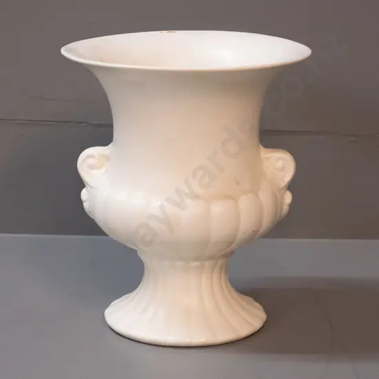 Crown Lynn white glaze urn vase w/metal 'frog' H-200 D-170 at rim