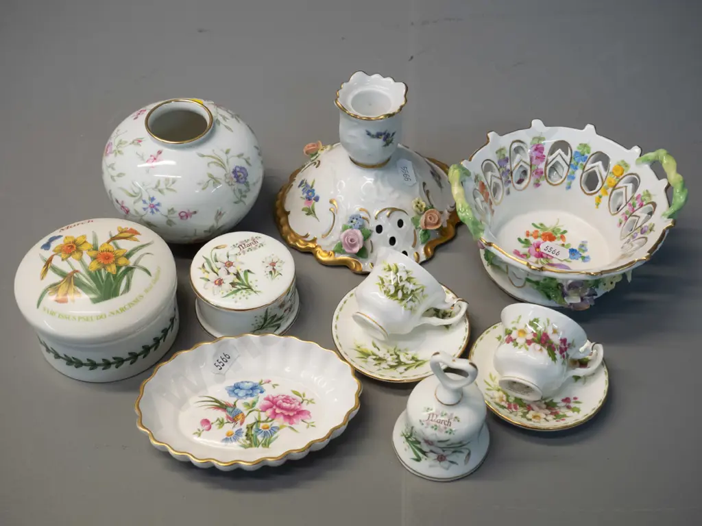 assorted small English and German floral china: Portmeirion lidded trinkets, 2 Royal Albert cups & saucers, Lindner Image 1++