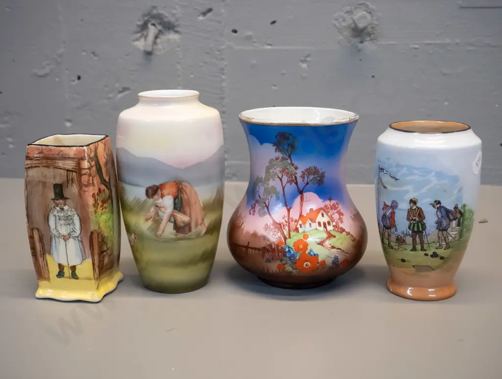 4 china scenic or figural motif vases - Royal Doulton Gaffers, Sylvac, Burleigh and Bayreuth H-150 Image 1++