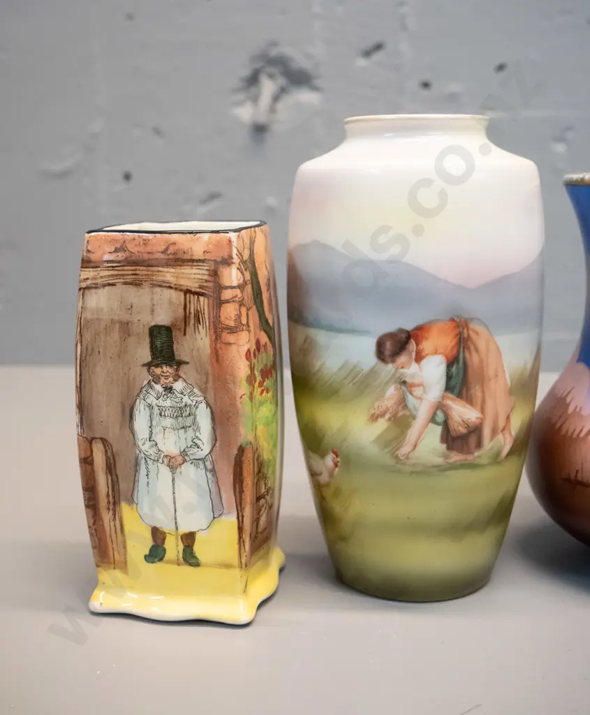 4 china scenic or figural motif vases - Royal Doulton Gaffers, Sylvac, Burleigh and Bayreuth H-150 Image 1++