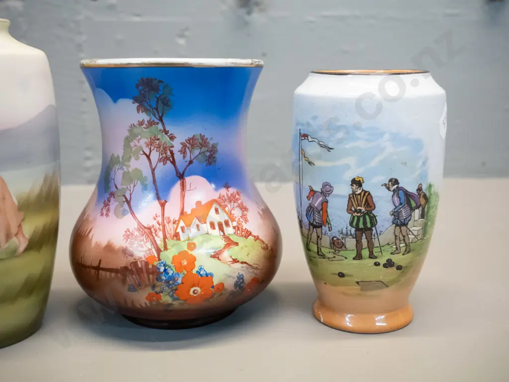 4 china scenic or figural motif vases - Royal Doulton Gaffers, Sylvac, Burleigh and Bayreuth H-150 Image 1++