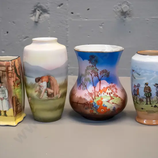 4 china scenic or figural motif vases - Royal Doulton Gaffers, Sylvac, Burleigh and Bayreuth H-150