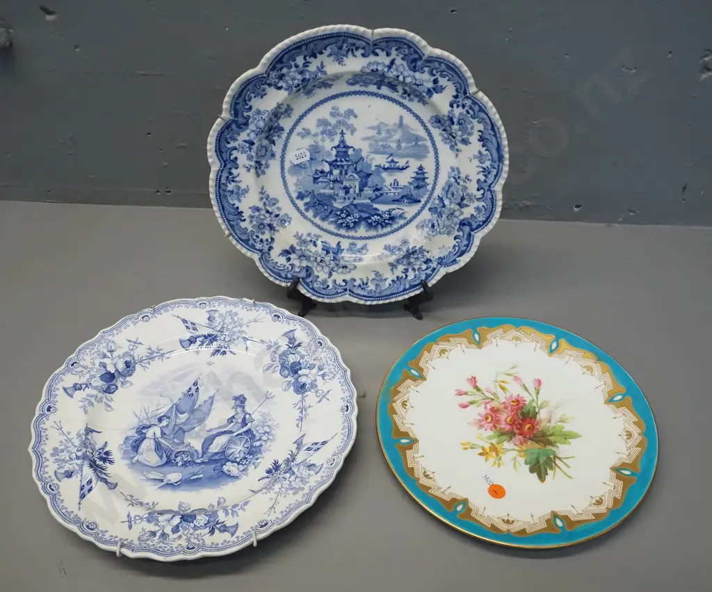 3 antique plates - hand-painted floral D-230 and 2 blue & white, one marked "Chinese Porcelain" D-260, other one has Image 1++