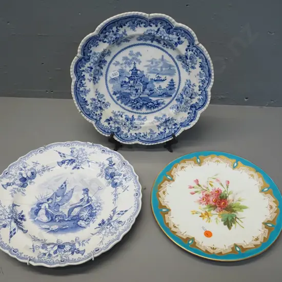 3 antique plates - hand-painted floral D-230 and 2 blue & white, one marked "Chinese Porcelain" D-260, other one has