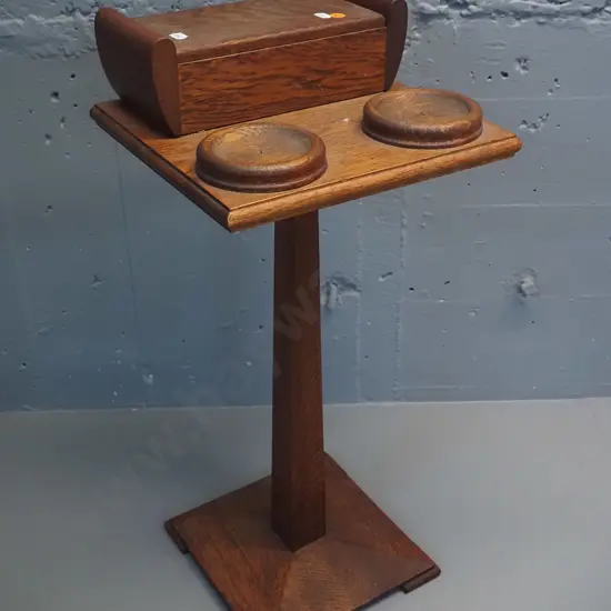 deco oak smoker's stand with built-in cigarette and match holders, 2 ashtray holders H-630 W-280 D-280