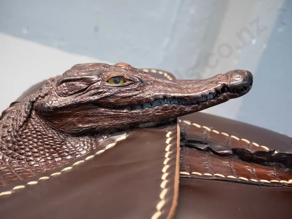 as-new leather and crocodile skin shoulder bag with crocodile head and tail, brass catch and buckle H300 W220 D80 Image 1++