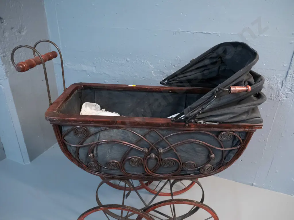 reproduction Victorian style doll's pram - timber and cane with fabric lining, and 2 loose cushions H900 L700 W450 Image 1++