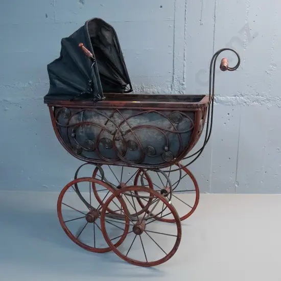 reproduction Victorian style doll's pram - timber and cane with fabric lining, and 2 loose cushions H900 L700 W450