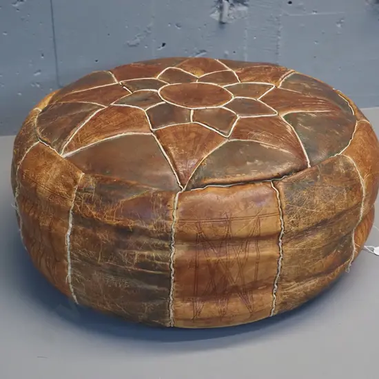 vintage leather pouffe - aged patina to leather H-160 D-410