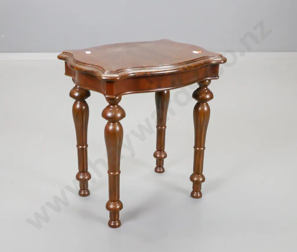 reproduction walnut, shaped-top side table on wooden-threaded screw-on turned legs Image 1++