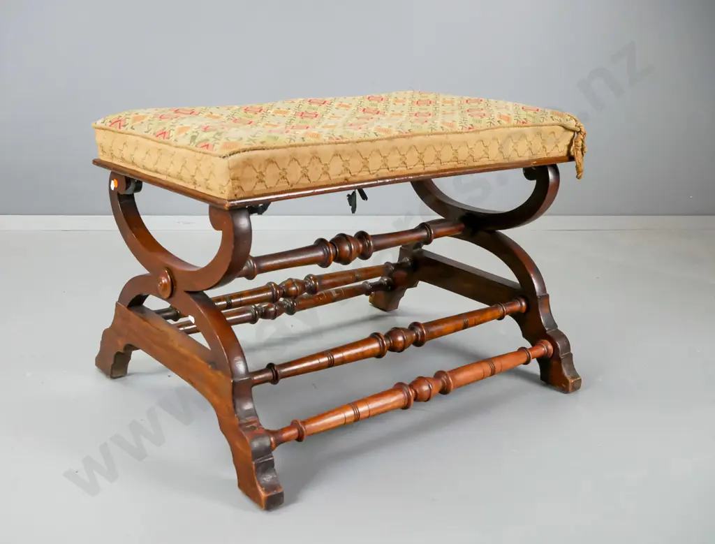 rectangular x-framed stool on turned stretcher base, in kauri and rimu, with vintage upholstered top Image 1++