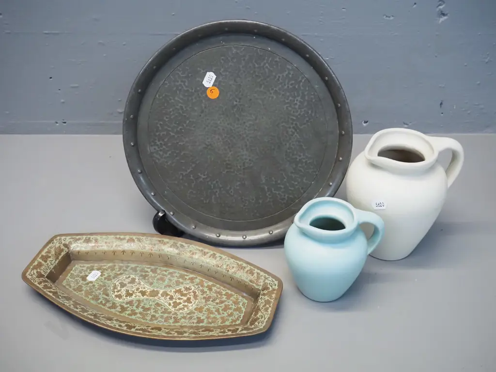 beaten pewter tray D-265, brass cloisonne pattern dish and 2 English pottery jugs, larger is 150 Image 1++