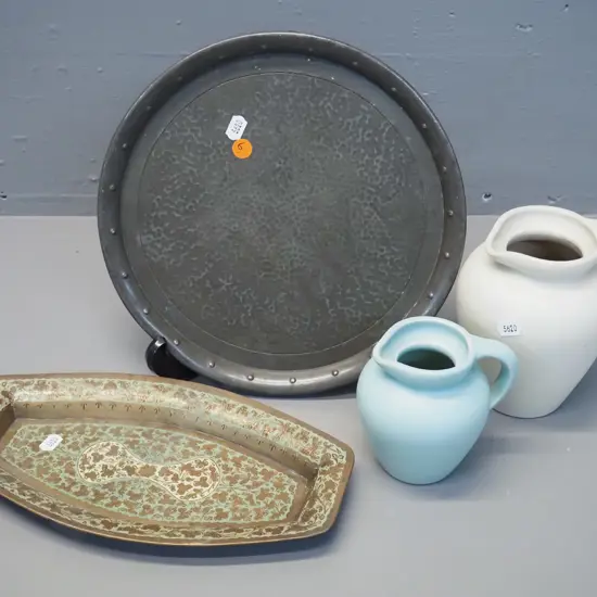 beaten pewter tray D-265, brass cloisonne pattern dish and 2 English pottery jugs, larger is 150