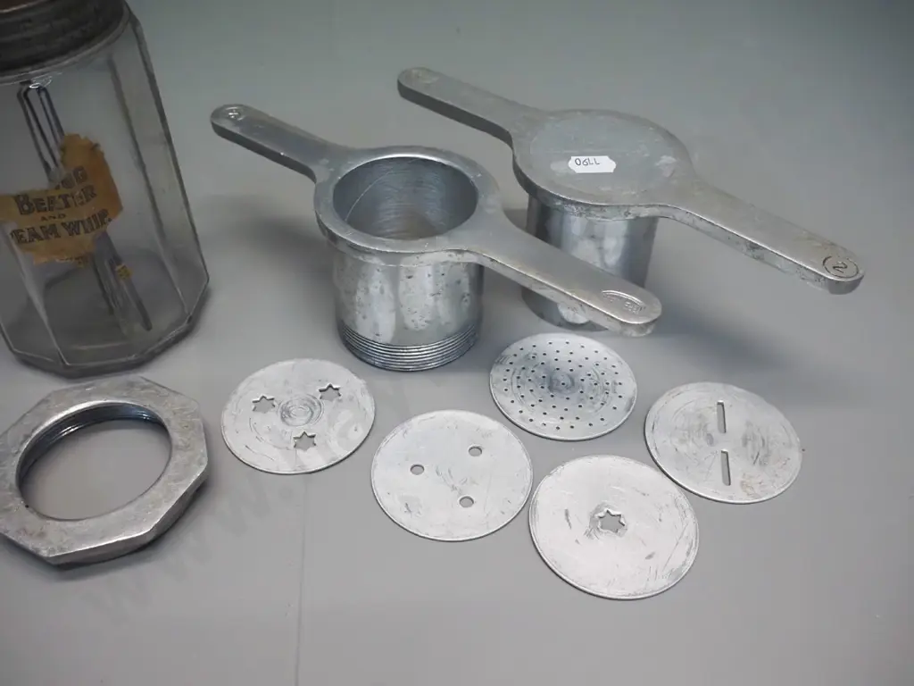 vintage Premier aluminium cake piping or food extruder with assorted discs, and a small churn or mixer with spiral metal Image 1++
