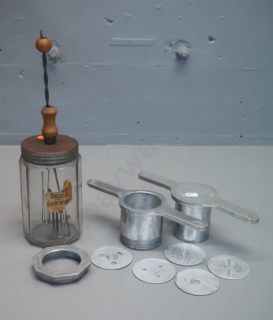 vintage Premier aluminium cake piping or food extruder with assorted discs, and a small churn or mixer with spiral metal Image 1++