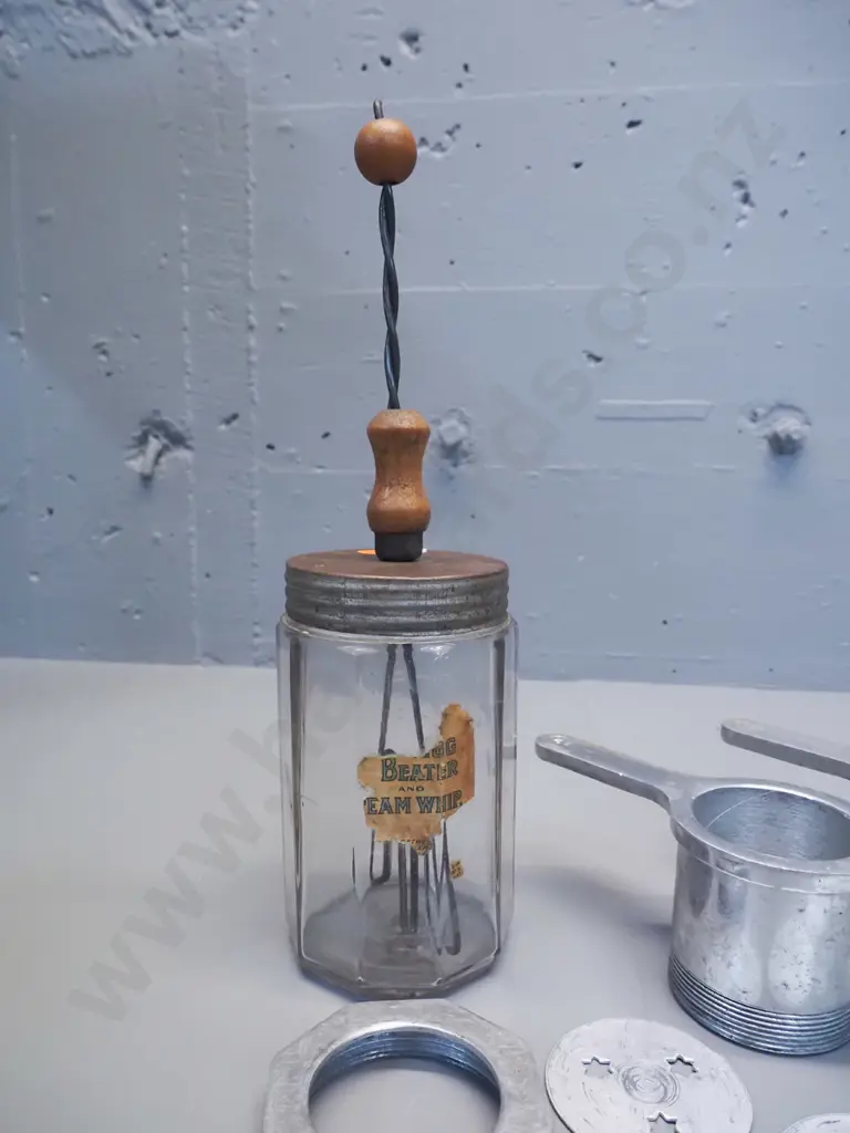 vintage Premier aluminium cake piping or food extruder with assorted discs, and a small churn or mixer with spiral metal Image 1++