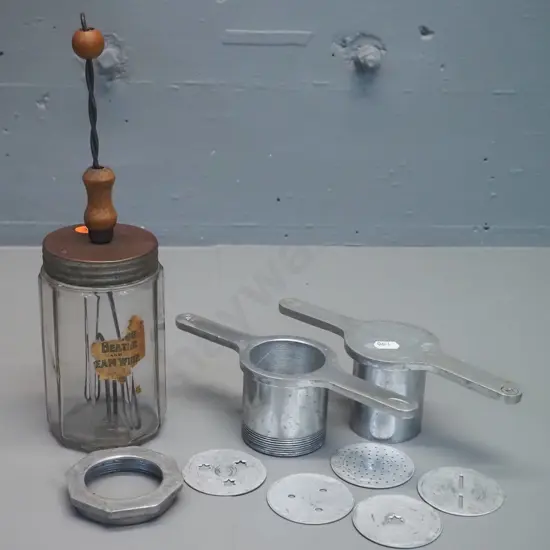 vintage Premier aluminium cake piping or food extruder with assorted discs, and a small churn or mixer with spiral metal